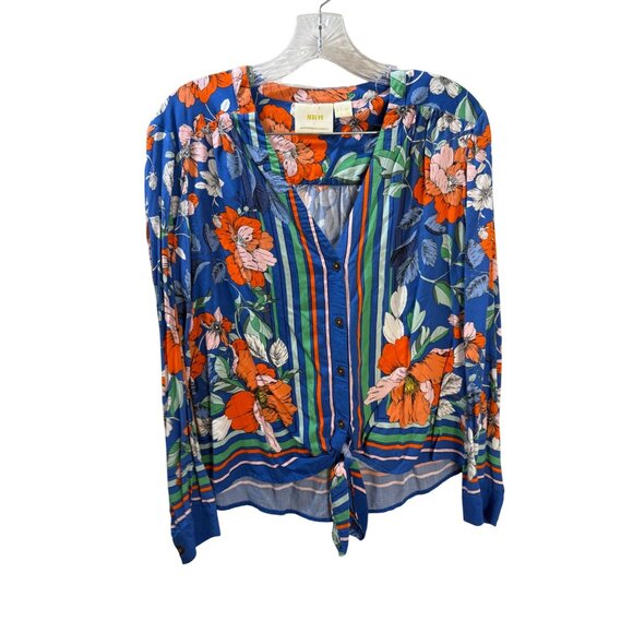 Maeve By Anthropologie Floral Stripe Tie-Front Blouse Womens Size S 100% Rayon V - Picture 1 of 8
